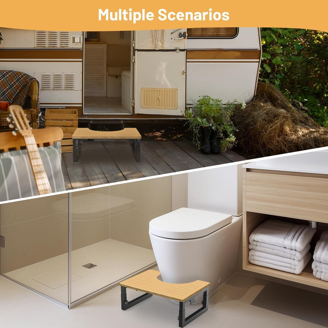 Toilet Stool Squat Adult Foldable WC Hocker Metal Leg & Bamboo Surface Height Adjustable Bamboo Dura