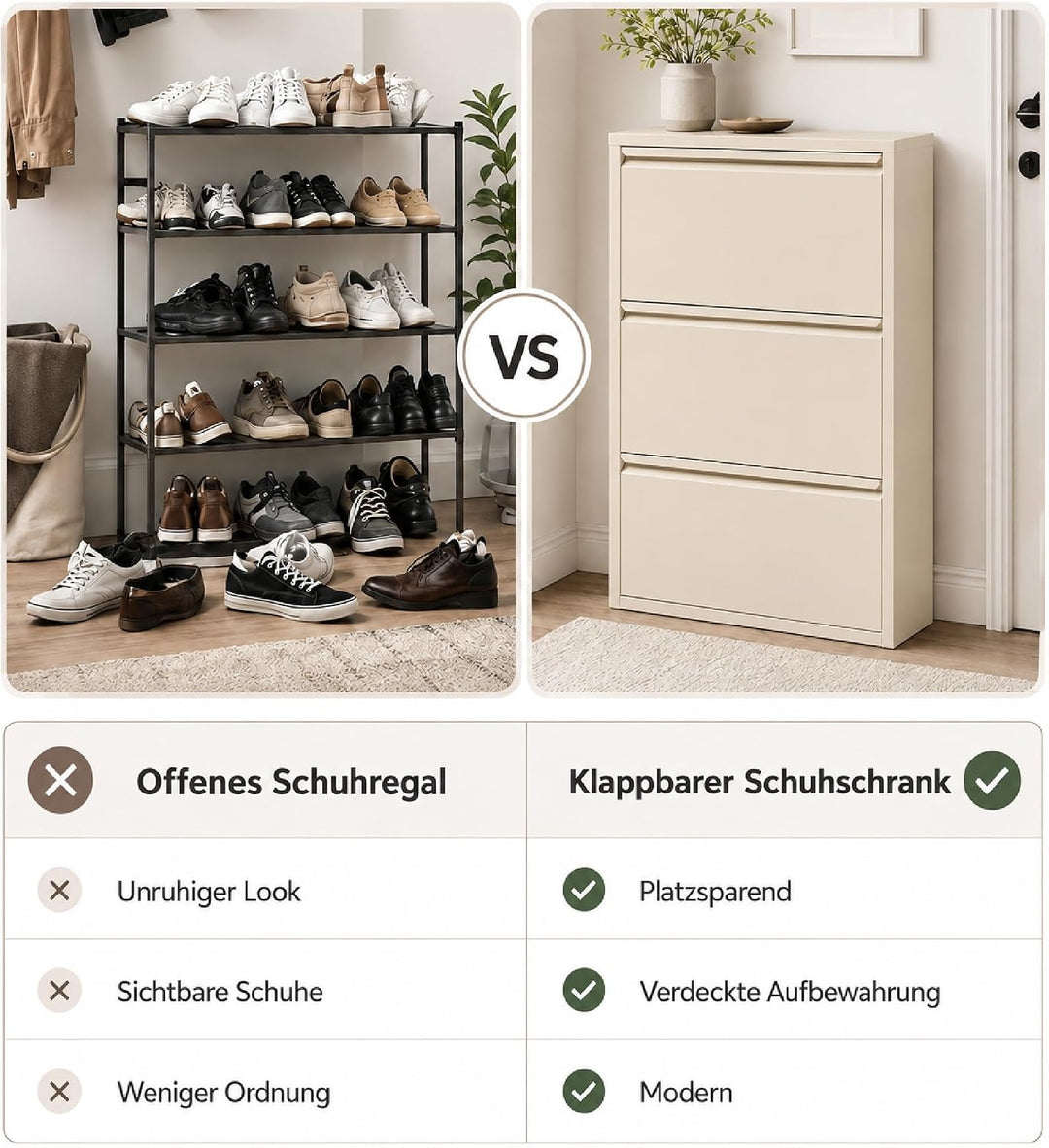 Schuhschrank Schmal mit 3 Klappen, Metall, Freistehend oder Wandmontage, für Flur, Eingang &amp; Diele,