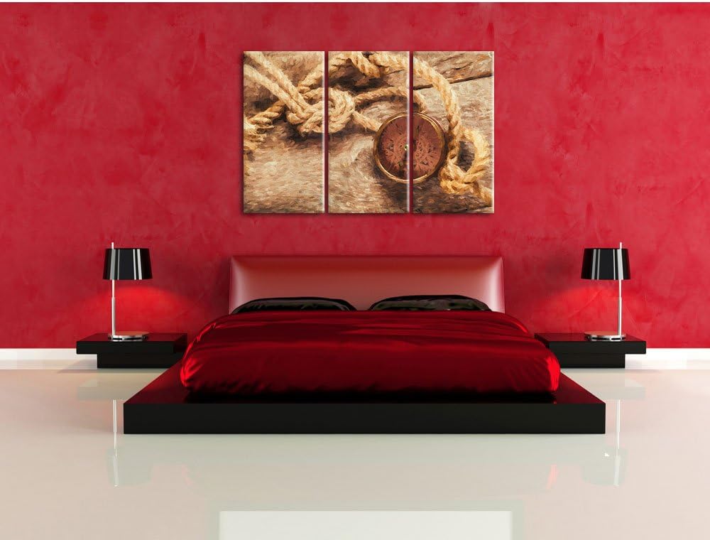 Pixxprint Schiffseil und Kompass als Leinwandbild/Grösse: 3 Teilig (120x80 cm) cm/Wandbild/Kunstdruc