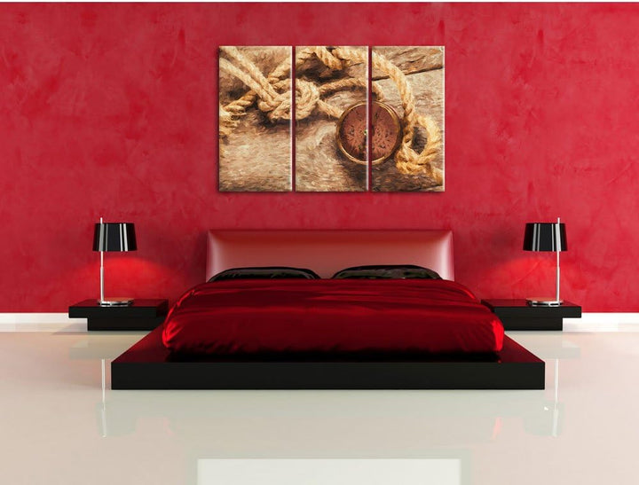 Pixxprint Schiffseil und Kompass als Leinwandbild/Grösse: 3 Teilig (120x80 cm) cm/Wandbild/Kunstdruc