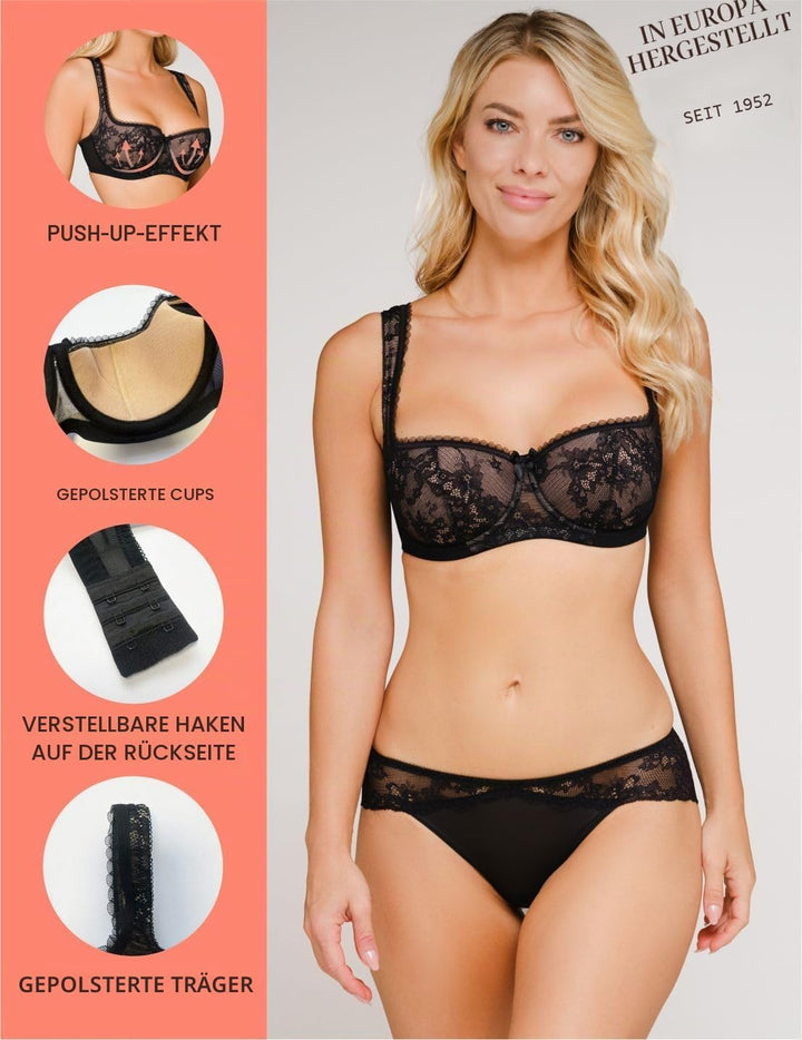 Rosme Lingerie Balconette-BH mit gepolsterten Trägern für Damen, Kollektion Eliza 70B Schwarz, 70B S