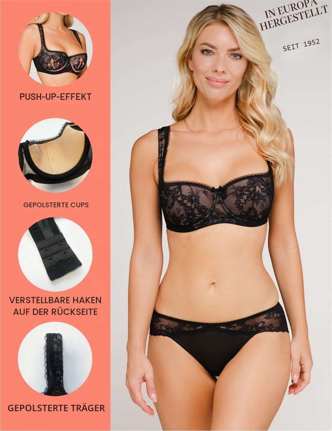 Rosme Lingerie Balconette-BH mit gepolsterten Trägern für Damen, Kollektion Eliza 70C Schwarz, 70C S