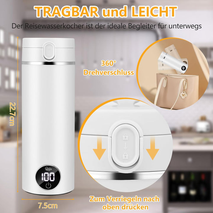 GuKKK Reisewasserkocher, 450ml Mini Wasserkocher,Fahrzeug Beheizter 12V, Auslaufsicher,6 Temperature