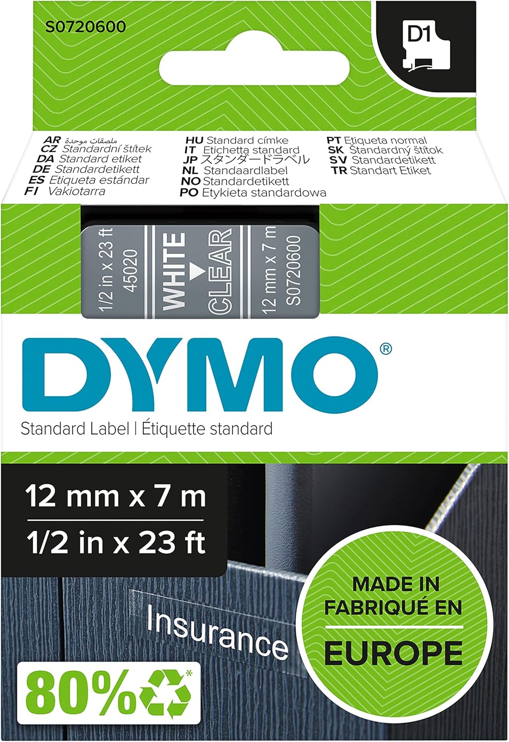 DYMO Original D1-Etikettenband, weiss auf transparent, 12 mm x 7 m, selbstklebendes Schriftband, für
