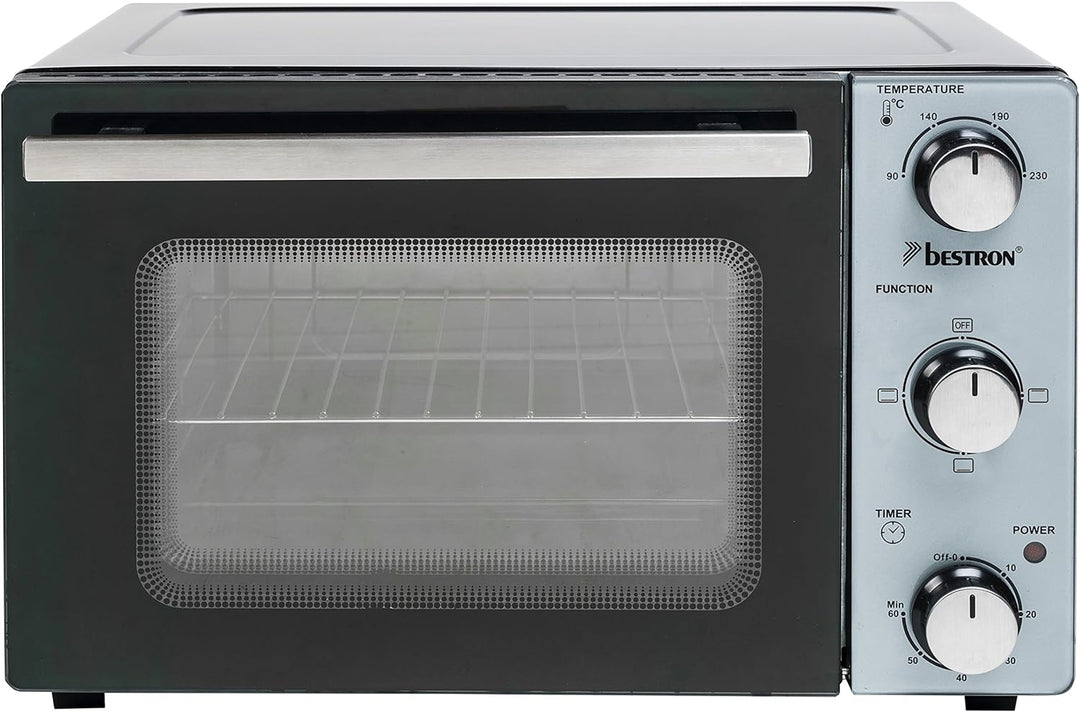 Bestron AOV20 Kompakter Mini-Backofen mit Ober-/Unterhitze, 20 Liter, 1300 W, Edelstahl, Schwarz 20