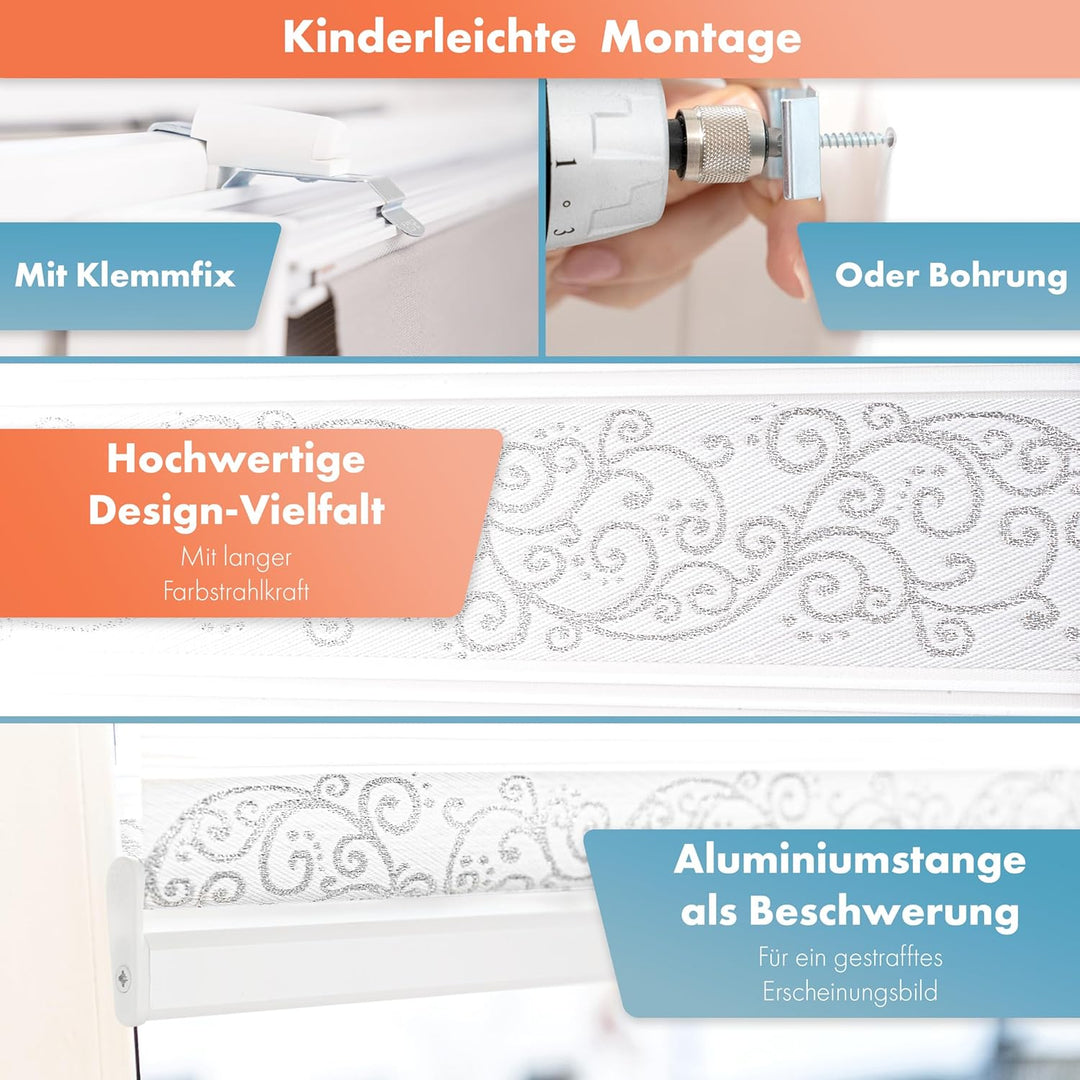 Doppelrollo Klemmfix ohne Bohren - 4in1 Duo Rollo mit Muster Weiss Silber Glitzernd 50x200cm - Ranke