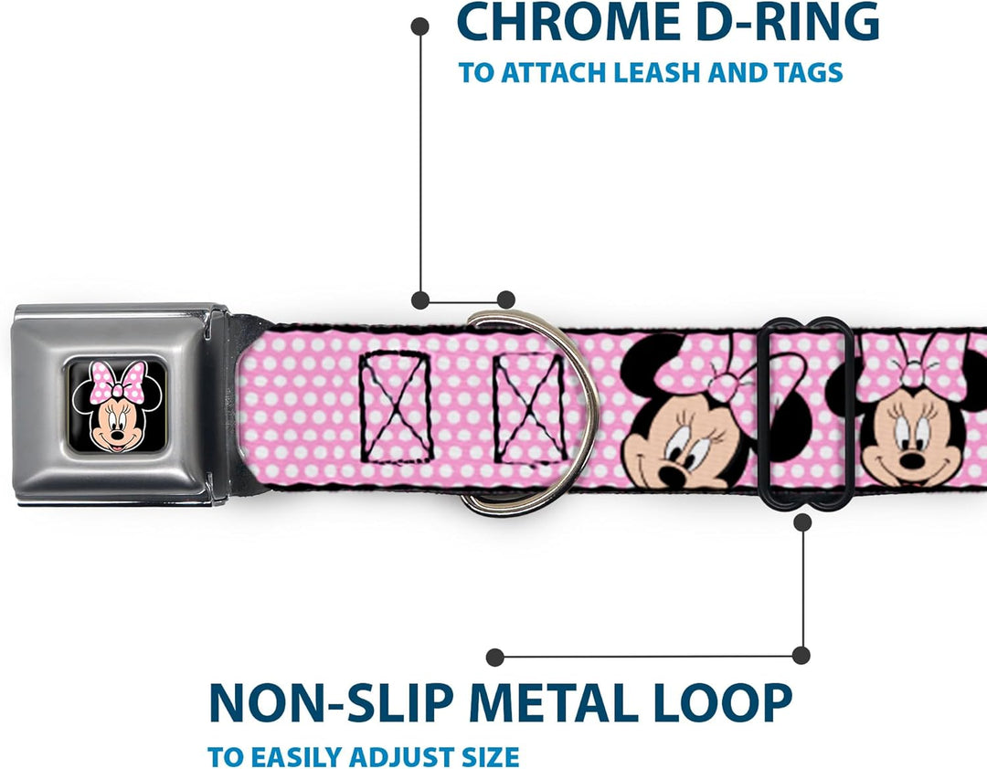 Buckle-Down Seatbelt Buckle Dog Collar - Minnie Mouse Expressions Polka Dot Pink/White - 1" Wide - F