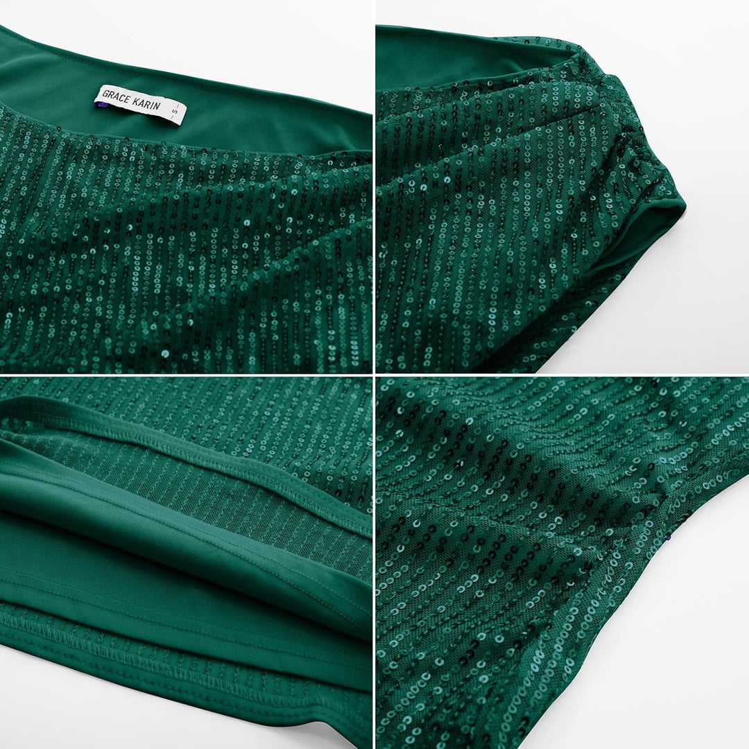 GRACE KARIN Damen Pailletten Oberteil Glitzer Party Tops Festliches Outfit XL Dunkelgrün, XL Dunkelg