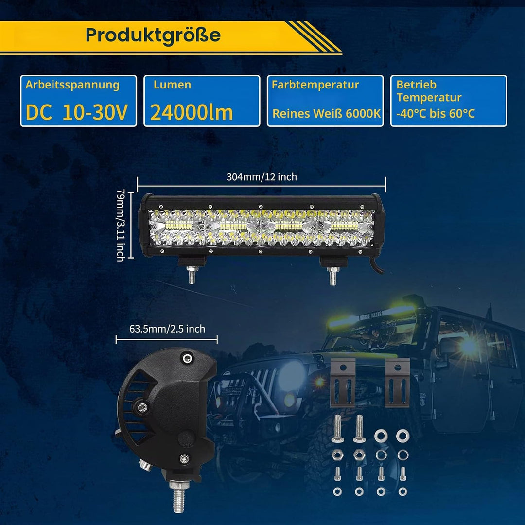 Willpower 12 Zoll 30CM 240W Led Arbeitsscheinwerfer Bar + 4 Zoll 10CM 60W Led Scheinwerfer + Kabelba