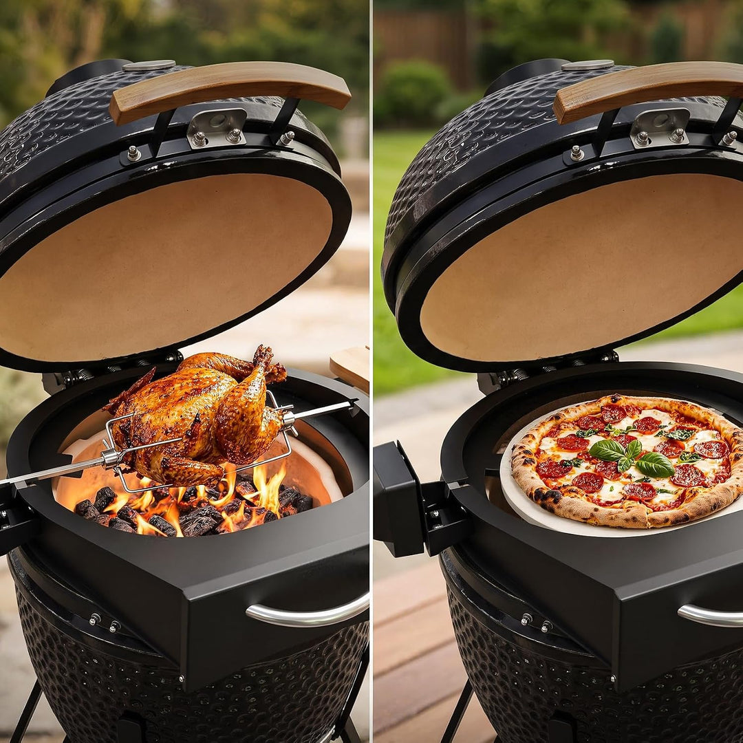 Onlyfire 6065 PizzaRing Kit mit Drehspiess, Pizzaeinsatz und Rotisserie Grillspiess für Kamado Joe C