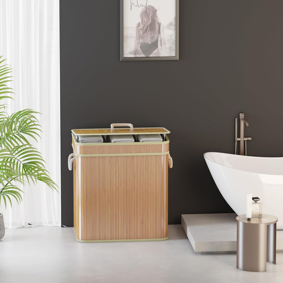 AdelDream Wäschekorb 150L Bambusoptik mit Deckel & Griffen, 3-Fach Wäschesammler Faltbar, Wäschebox