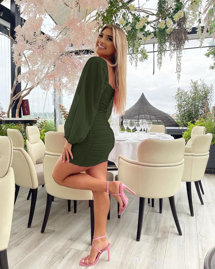 Wenrine Damen Kleider Party Cocktail Club Bodycon Kleid Hochzeitsgast Mesh Langarm Square Neck Minik