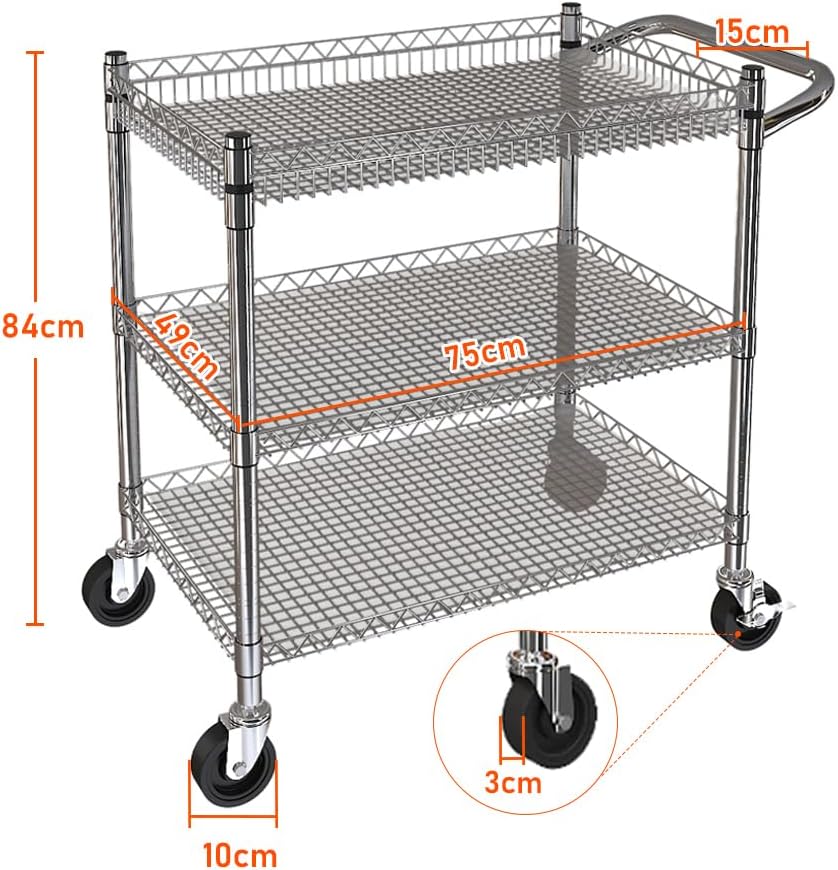 BPT Servierwagen mit Rollen, 3 böden Teewagen, Hotelrestaurant-Küchenwagen (Silber-(500KG)), Silber-