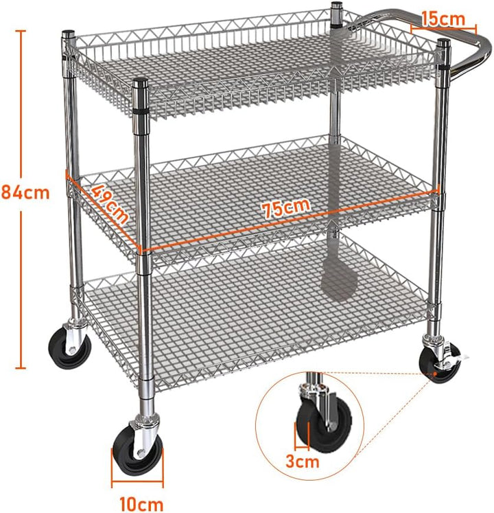 BPT Servierwagen mit Rollen, 3 böden Teewagen, Hotelrestaurant-Küchenwagen (Silber-(500KG)), Silber-