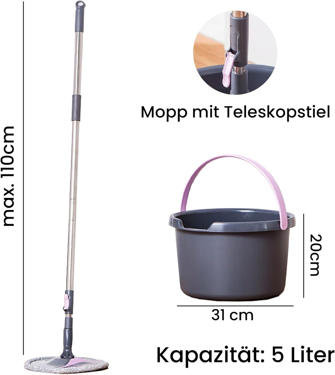 YORK ROLL&UP Wischmopp mit Eimer Teleskopstiel Innovative Auswringfunktion Klappplatte Wischbezug Mi