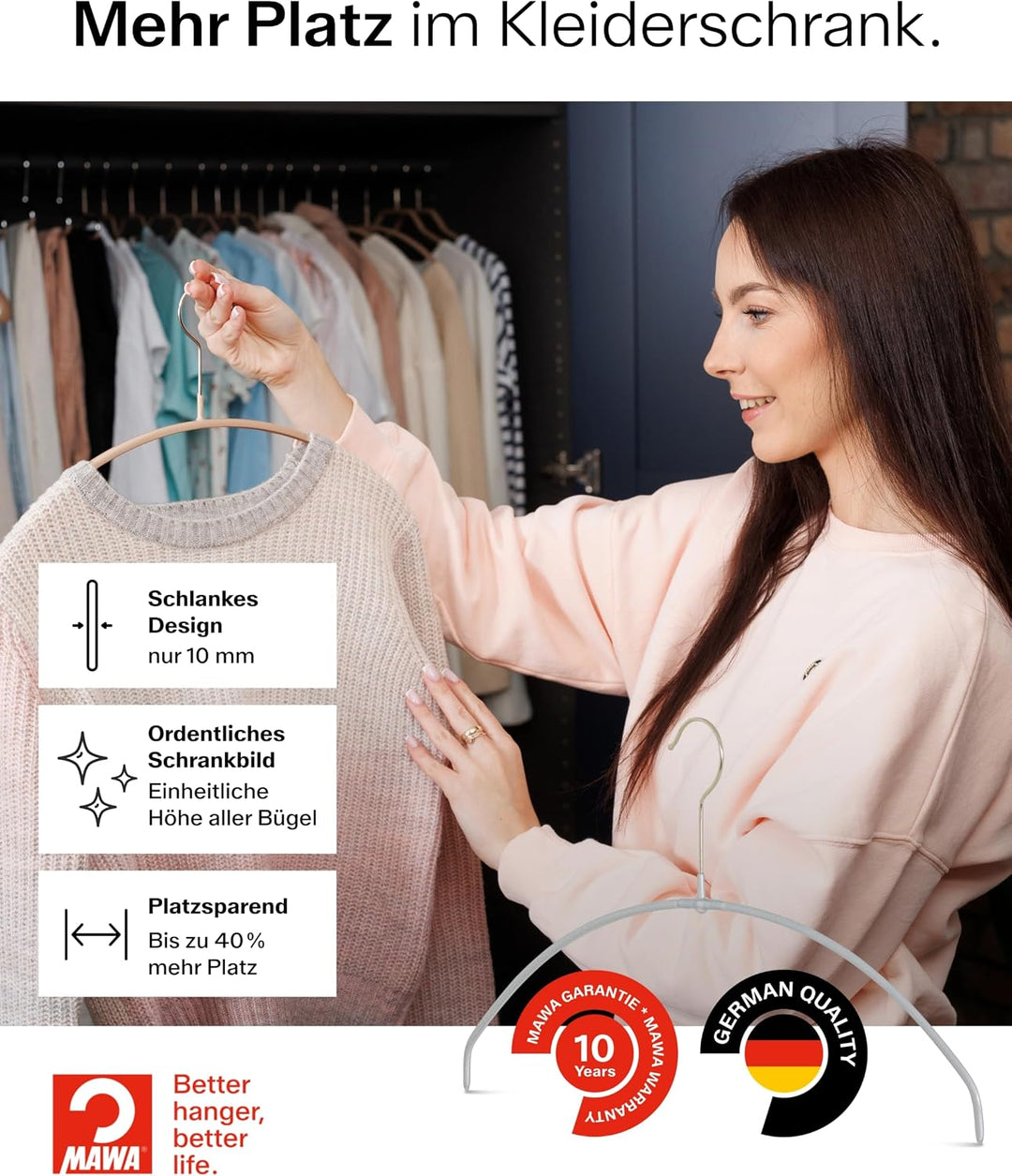 MAWA Kleiderbügel, Set mit 10 hochwertigen, platzsparenden, rutschfesten Kleiderbügeln, ideal für T-