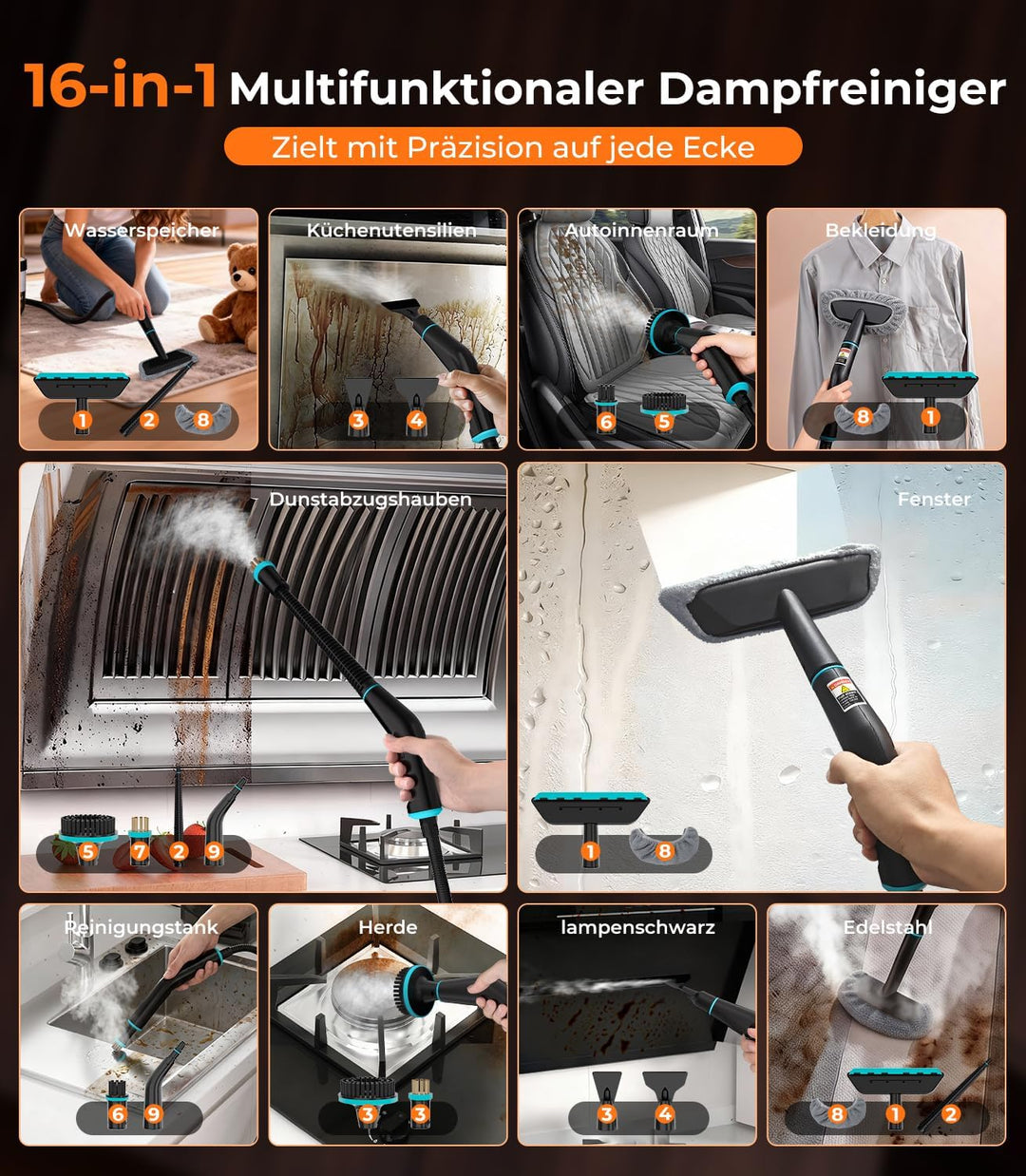 KYUT 16-in-1 Dampfreiniger【80% höhere Reinigungseffizienz – Branchenführer Nr.1】Dampfreiniger Handge