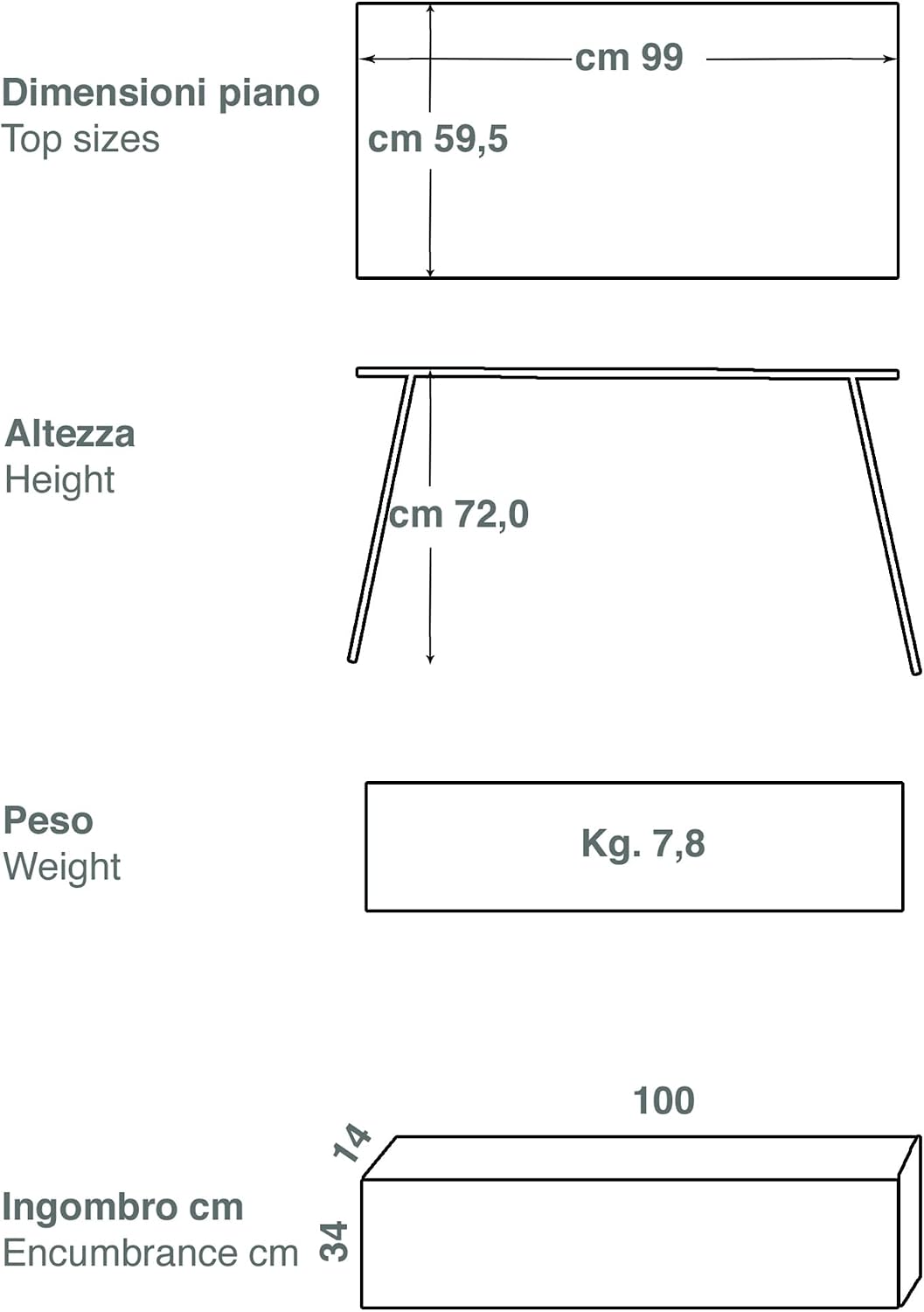 CASTELMERLINO 47 Klapptisch Camper Lärche cm 100 x 60 cm mit Tasche Nylon 60 x 100 Beine Grau und Ti