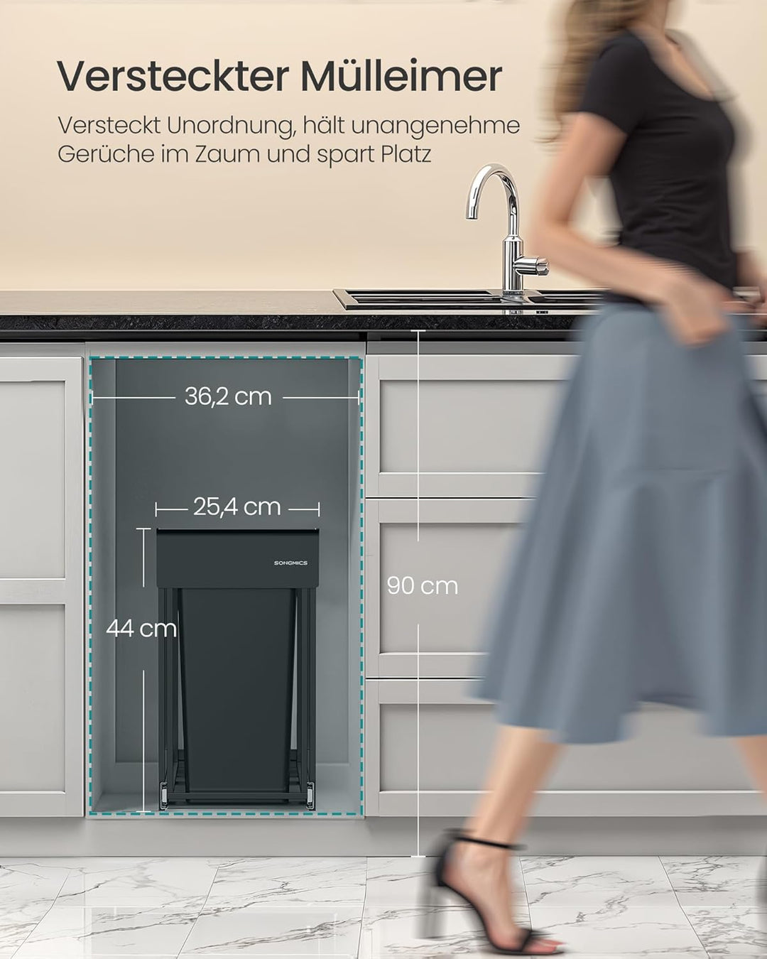 SONGMICS Mülleimer küche, Mülltrennsystem für Unterschrank, 2 x 15 L, Abfalleimer 2 Fächer, ausziehb