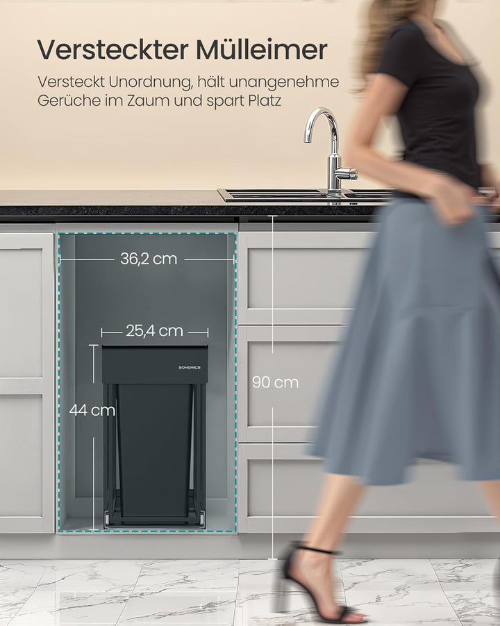 SONGMICS Mülleimer küche, Mülltrennsystem für Unterschrank, 2 x 15 L, Abfalleimer 2 Fächer, ausziehb