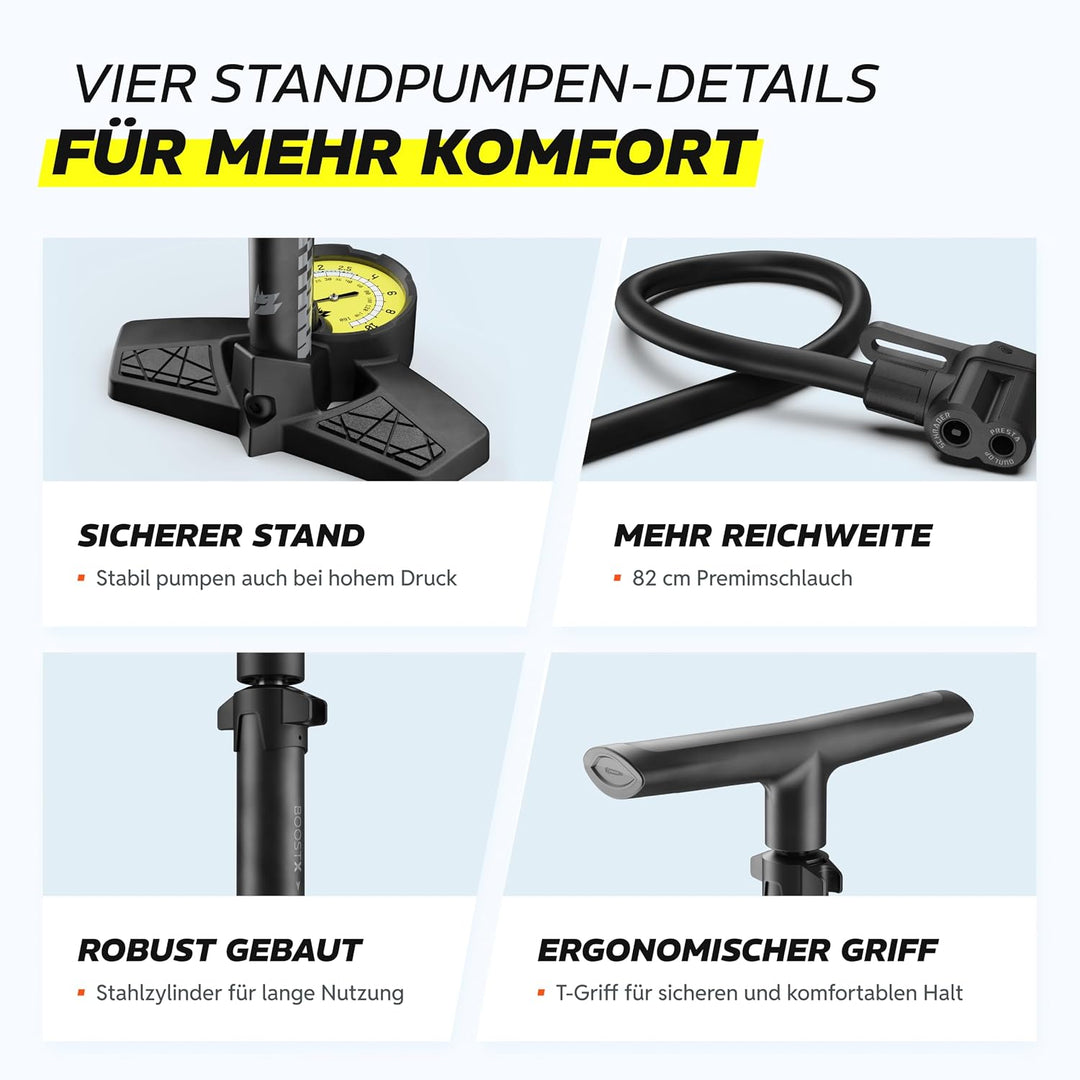 Alphatrail Standpumpe Paul - Für alle Ventile 11 Bar / 160 PSI Maximaldruck I Grosses Manometer (Ø48