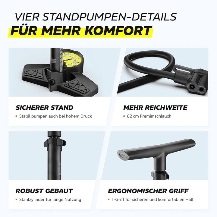 Alphatrail Standpumpe Paul - Für alle Ventile 11 Bar / 160 PSI Maximaldruck I Grosses Manometer (Ø48