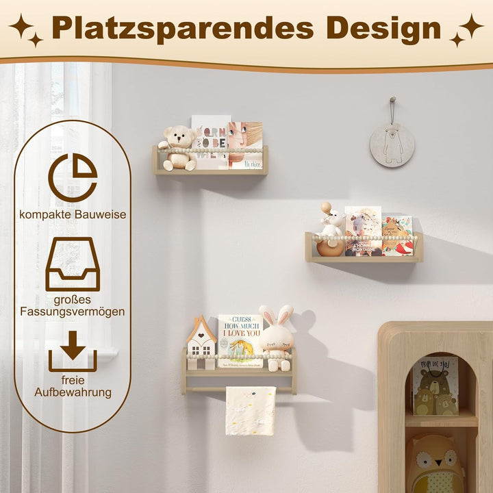 WOLTU 3er Set Kinder Bücherregal Wand, 40cm Wandregal Kinderzimmer, aus Massivholz, Hängeregal Schwe