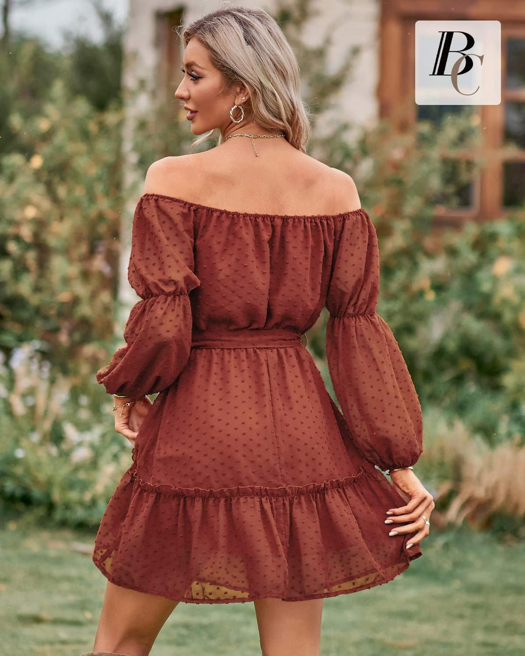 BebreezChic Kleid Damen Elegant Langarm Off Shoulder Einfarbig Swiss Dot Luftig Sommerkleid Miniklei