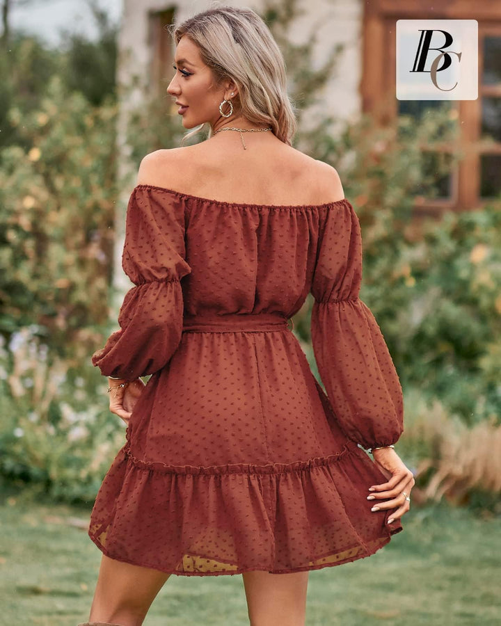 BebreezChic Kleid Damen Elegant Langarm Off Shoulder Einfarbig Swiss Dot Luftig Sommerkleid Miniklei