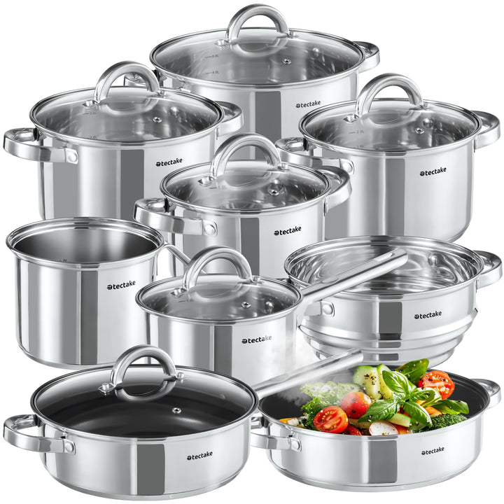 tectake® 15-tlg. Topfset, Edelstahl Kochgeschirr, Bratpfanne und Töpfe Set mit Deckel, Kochtopf Set