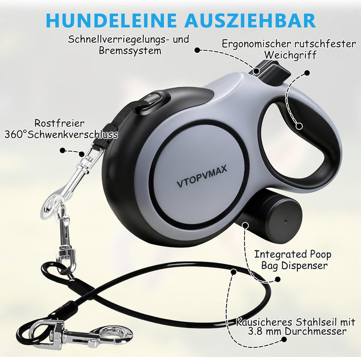 Rollleine 8m - Ausziehbare Hundeleine für Mittelgrosse/Grosse Hunde bis 50kg, Starke Leine mit Kausi