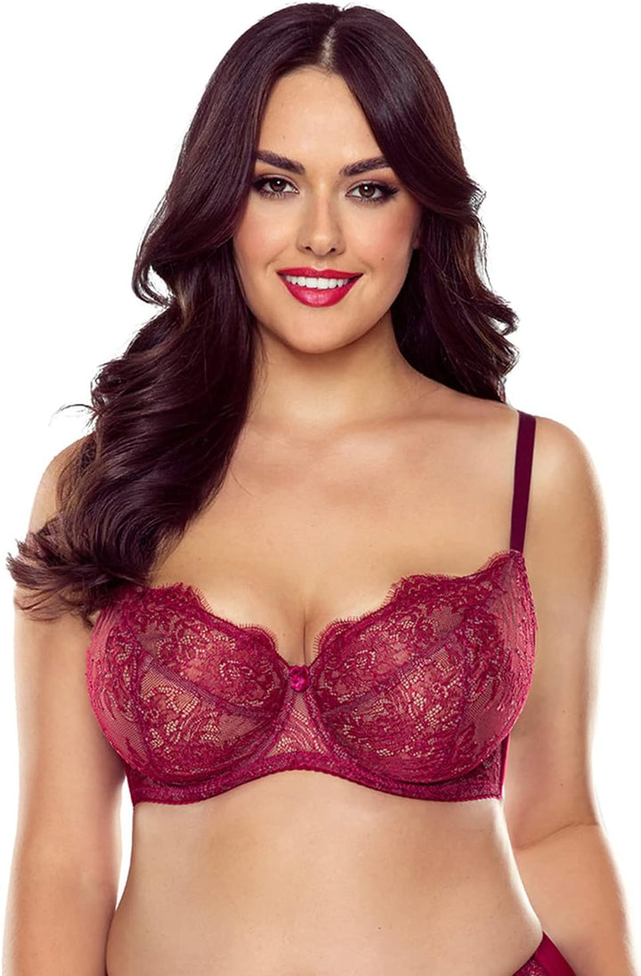 VIVISENCE Dame Soft-BH Spitze Klassisch Geblümt Sinnlich Nicht Gepolsterte Cups 1059 90F Weinrot, 90