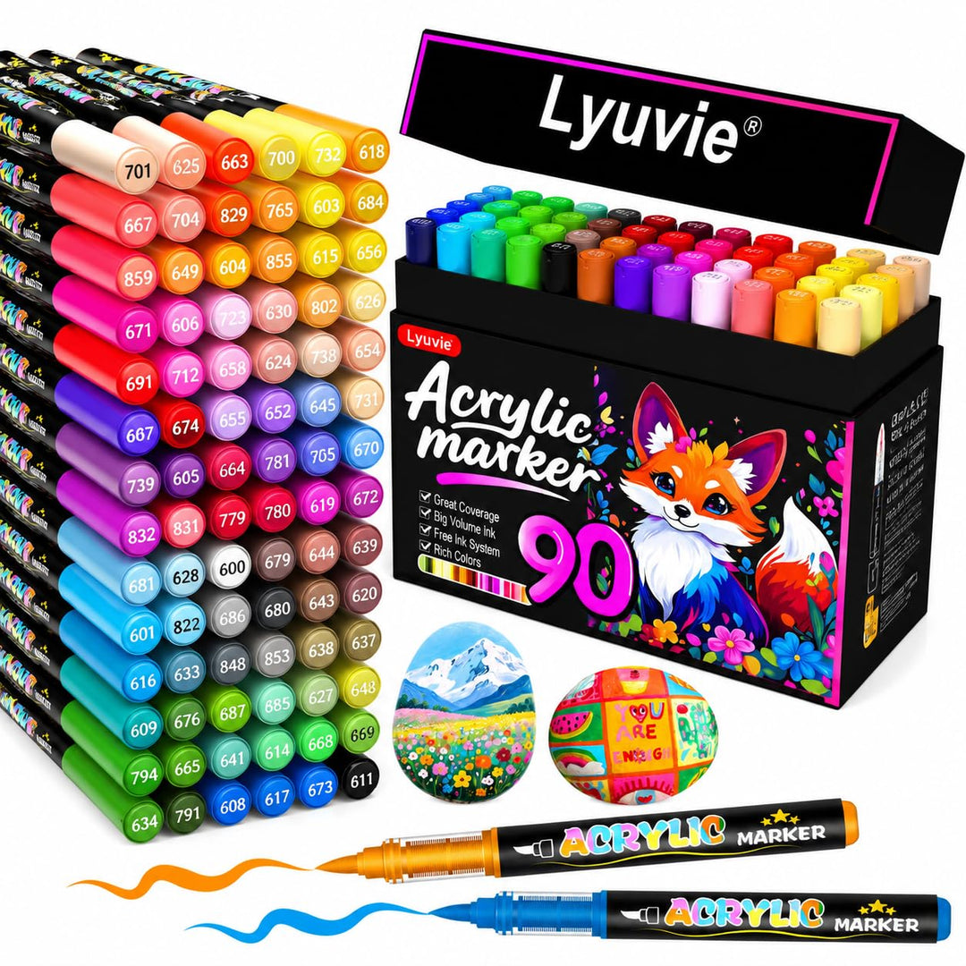Lyuvie 90 Farben Acrylstifte für Steine WasserfestSet, Permanente Acrylic Paint Brush Marker Acrylst