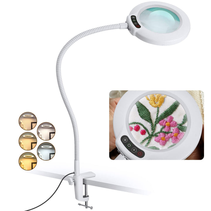 Veemagni 10X Lupe mit Licht und Klemme, Echtes Glas Lupenlampe, 5 Farbmodi Stufenlos Dimmbare, 23 Zo