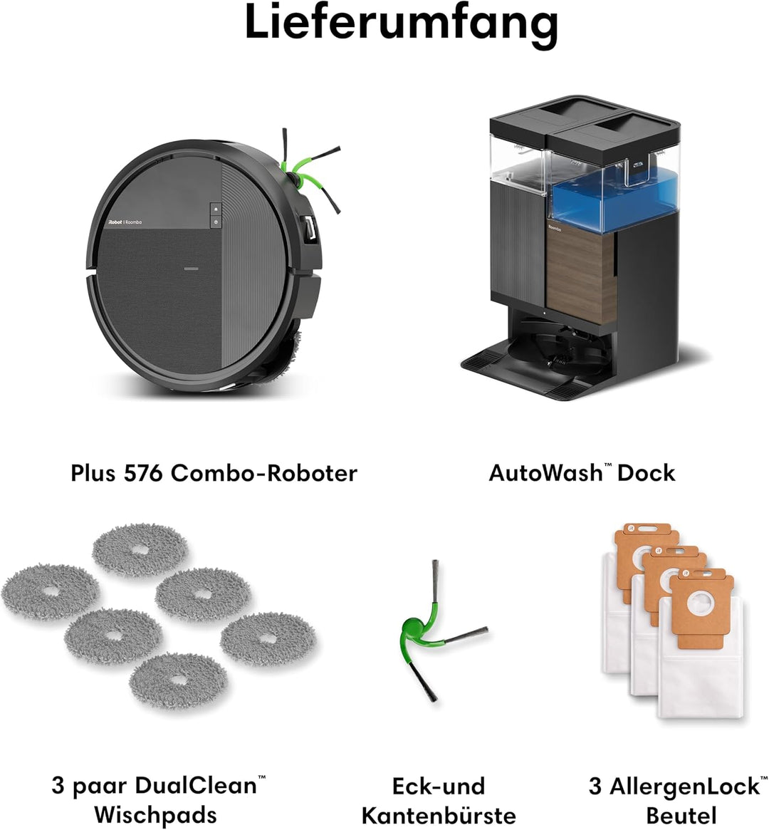 iRobot Roomba® Plus 576 Combo Roboter + AutoWash™ Dock, 25Kpa, Multifunktions‑Dock, Clearview LiDAR+