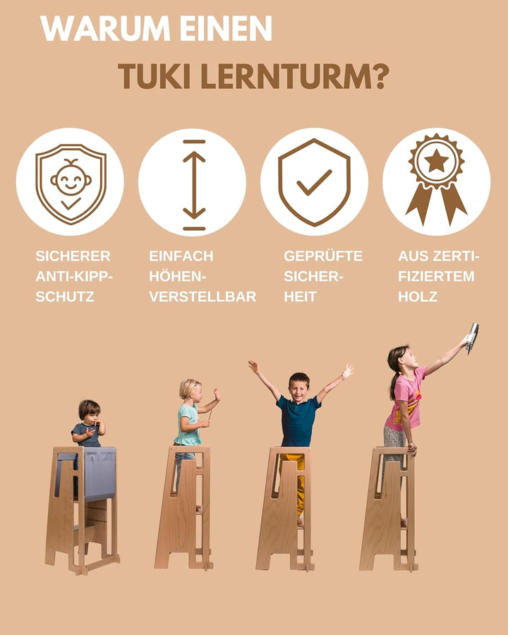 Tuki Lernturm ab 1 Jahr für Kinder Schwarz | Höhenverstellbar, hohe Standsicherheit, ergonomisches D