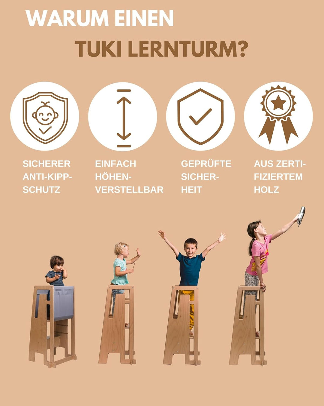 Tuki Lernturm ab 1 Jahr für Kinder Nature | Höhenverstellbar, hohe Standsicherheit, ergonomisches De