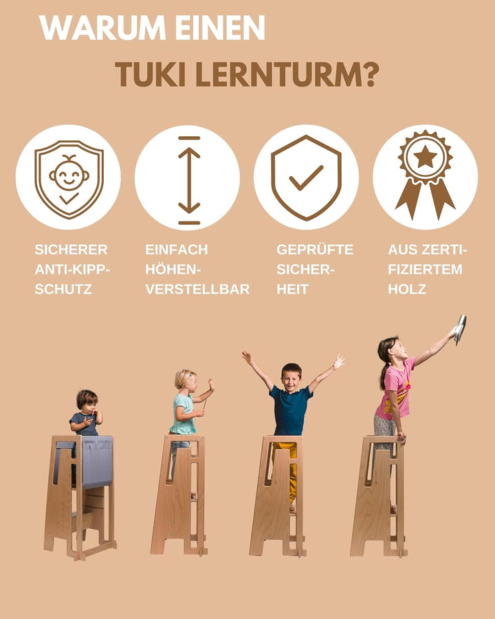 Tuki Lernturm ab 1 Jahr für Kinder Nature | Höhenverstellbar, hohe Standsicherheit, ergonomisches De