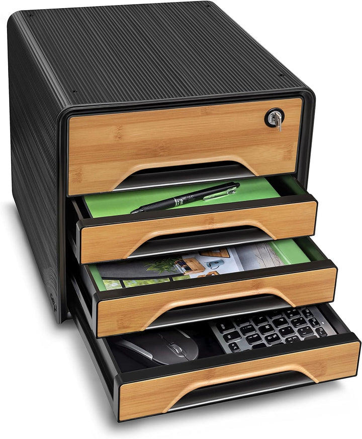CEP Schubladenbox Secure mit 4 Schubladen und Zylinderschloss Smoove Silva Schwarz / Bambus, Schwarz