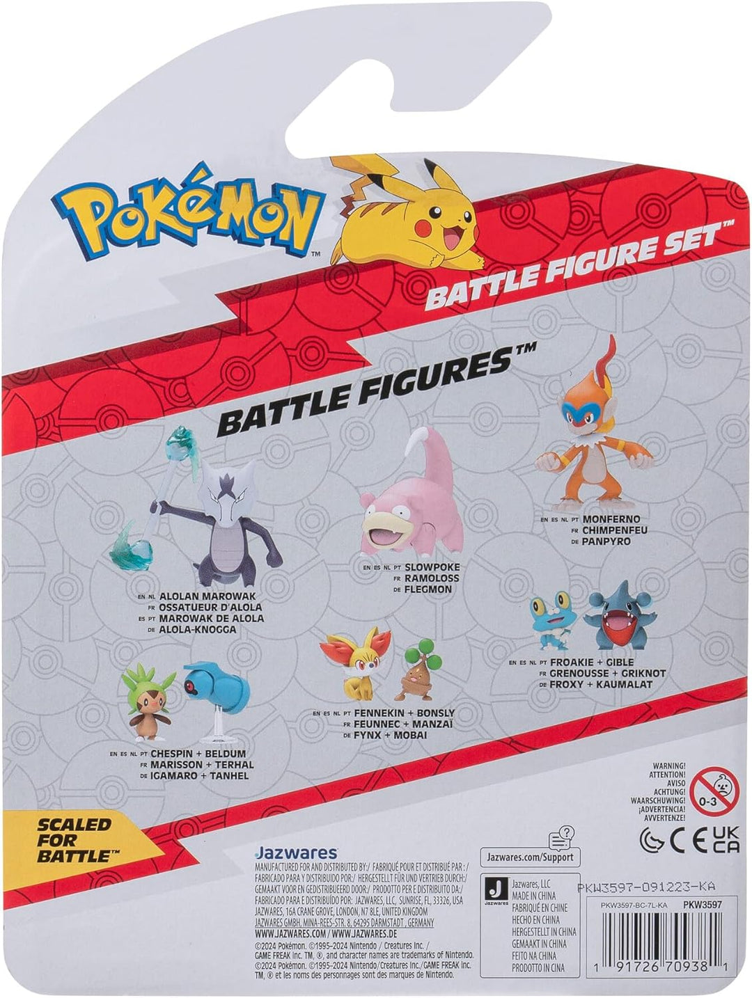 Pokémon PKW3597 - Battle Figure Set - Pikachu, Machollo, Alola-Sleimok, offizielles Figuren Set, Pik
