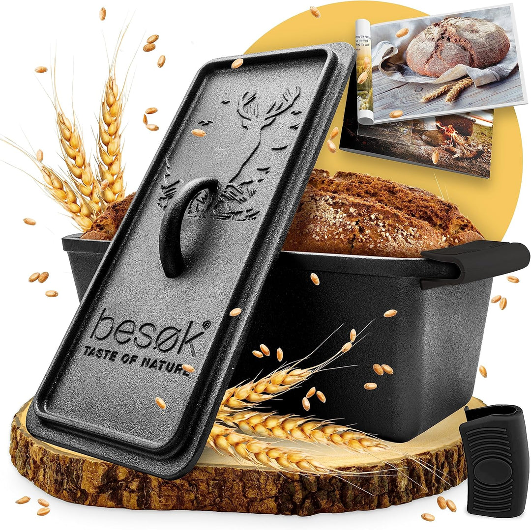besok Brotbackform mit Deckel inkl. Rezeptheft - 28cm Gusseisen Backform Brot backen Zubehör - Kaste