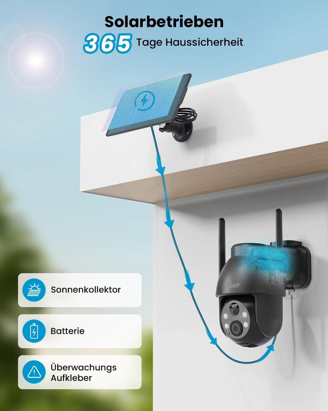 ieGeek 2K 3MP Überwachungskamera Aussen Solar, 360° PTZ Überwachungskamera Aussen Akku, 2.4GHz Kabel