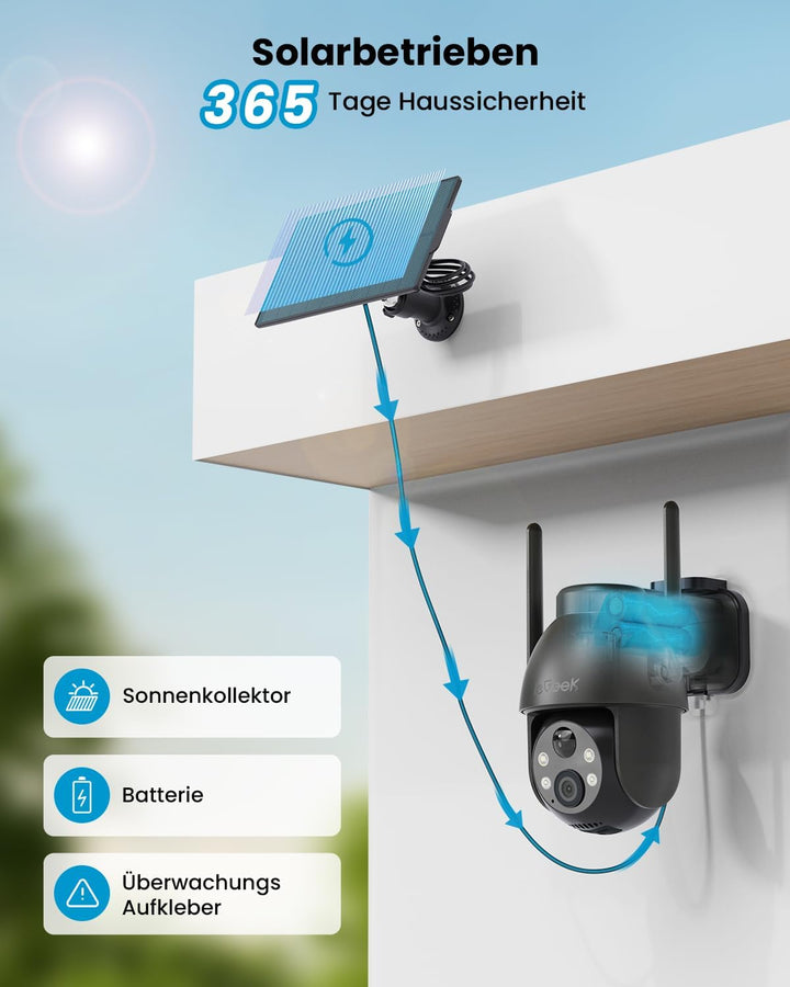 ieGeek 2K 3MP HD Überwachungskamera Aussen Solar, 360° PTZ Überwachungskamera Aussen Akku, 2.4GHz WL