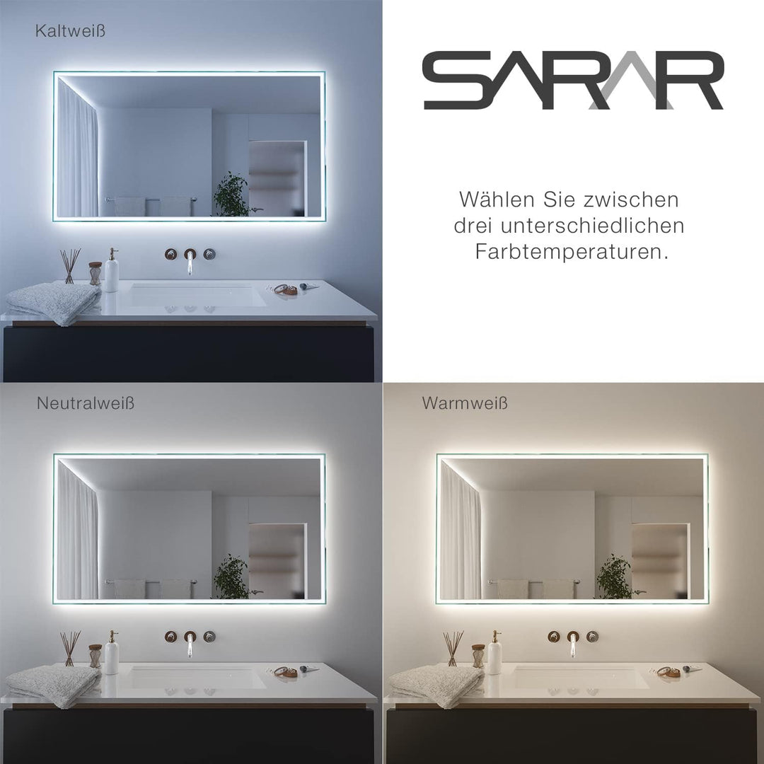 SARAR | Badspiegel Badezimmerspiegel mit LED-Beleuchtung, Vittoria, Leuchtspiegel, eckiger Wandspieg