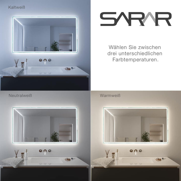SARAR | Badspiegel Badezimmerspiegel mit LED-Beleuchtung, Vittoria, Leuchtspiegel, eckiger Wandspieg