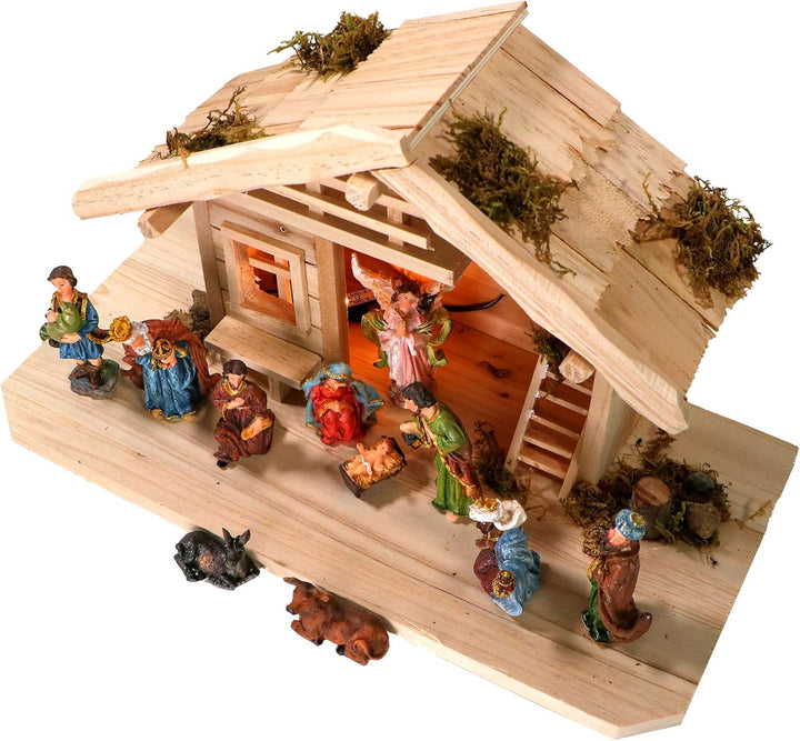 mgc24 Weihnachtskrippe Tischkrippe aus Holz, komplett mit 11 Krippenfiguren handbemalt,