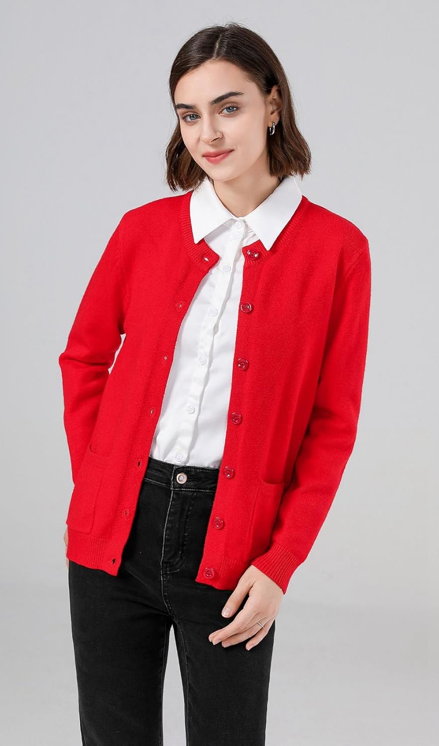 SMILING PINKER Damen Strickjacke Langarm Cardigan Warm Rundhals Strickweste Jacke mit Knopfleiste un