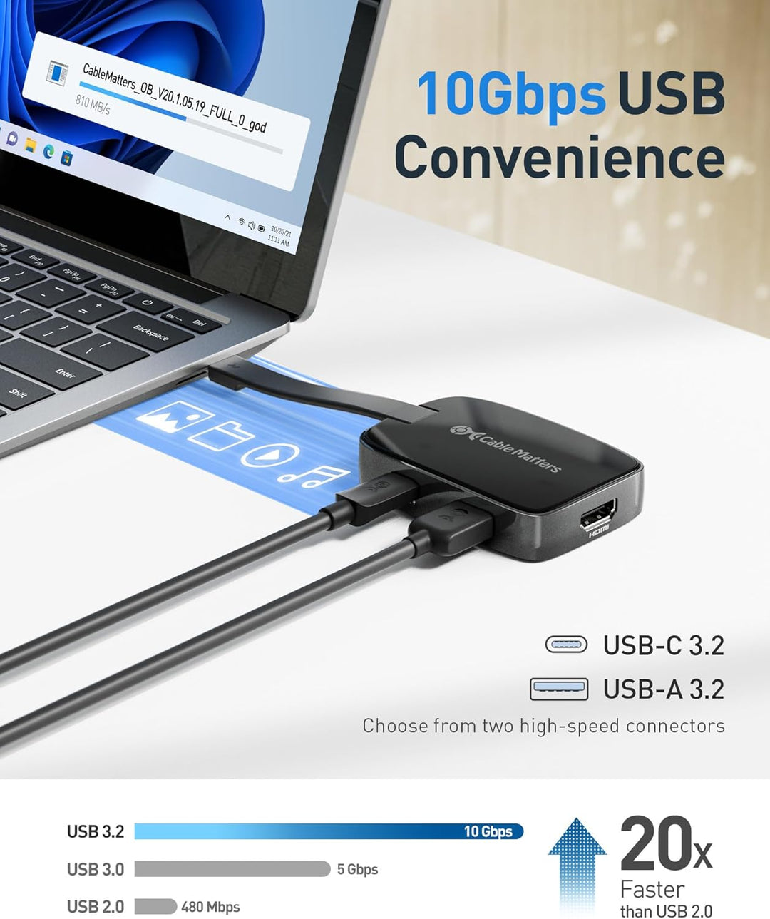 Cable Matters Portabler 4-in-1 USB C Hub HDMI 4K 60Hz 100W Laden, 10G USB-A, USB-C (klappbarer USB C