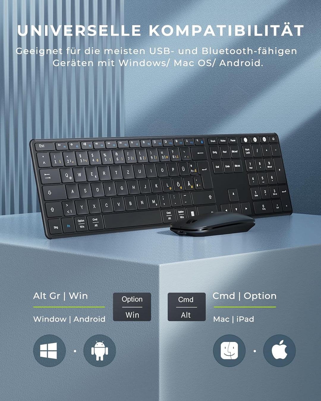 seenda SKM64-3 Bluetooth Tastatur mit Maus, Wiederaufladbare Dualmodus USB & Bluetooth Tastatur aus