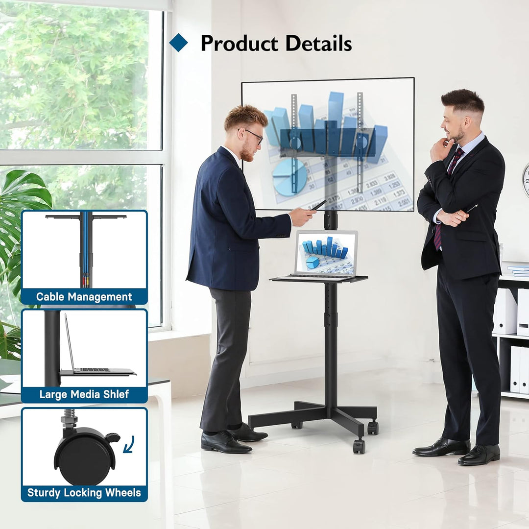 BONTEC Mobiler TV Ständer auf Rollen für 23-60 Zoll Plasma/LCD/LED Fernseher, Tragbarer mit Laptopab